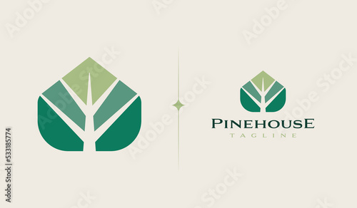 Green House with pine tree negative space Logo Template. Universal creative premium symbol. Vector illustration