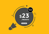$23 USD Dollar Month sale promotion Banner. Special offer, 23 dollar month price tag, shop now button. Business or shopping promotion marketing concept

