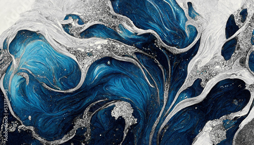 Spectacular high-quality abstract background of a whirlpool of dark blue and white. Digital art 3D illustration. Mable with liquid texture like turbulent waves. photo