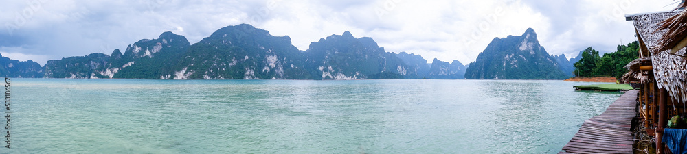 Panorama view of mountains and  lake at natural attractions in Ratchaprapha Dam at Khao Sok National Park, Surat Thani Province, southern of Thailand.