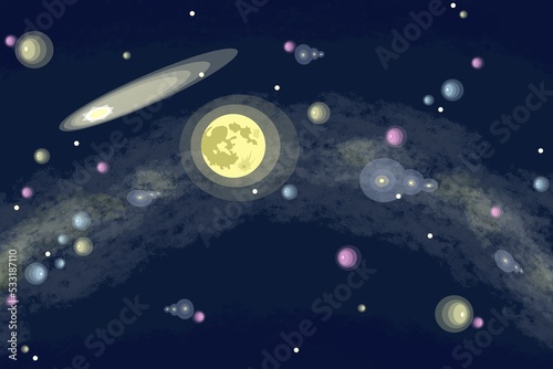 Skybox mit Nachthimmel dunkelblau mit Mond, Sternen, Komet, Galaxien	
 photo