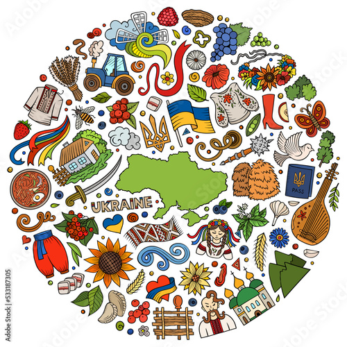 Set of Ukraine cartoon doodle objects, symbols and items