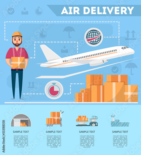 World air delivery service poster. Commercial airline advertising, worldwide goods shipping, freight transportation, global air postal. Cargo plane, warehouse and worker with box vector illustration