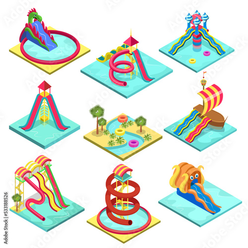 Colorful aquapark isometric 3D elements. Various plastic water tubes and slides in pool. Outdoor funny relax and activity, summertime family vacation, children water attractions vector illustration.
