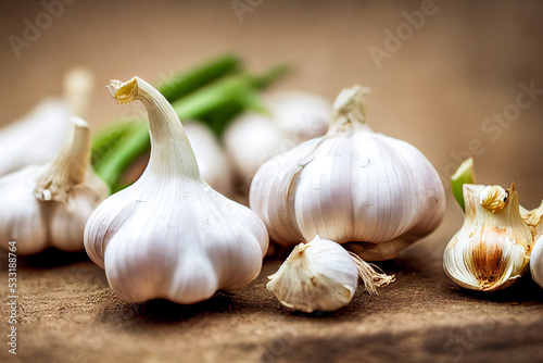 ripe fresh garlic close-up, healthy seasonings and vegetables, ingredients for salad, rustic style