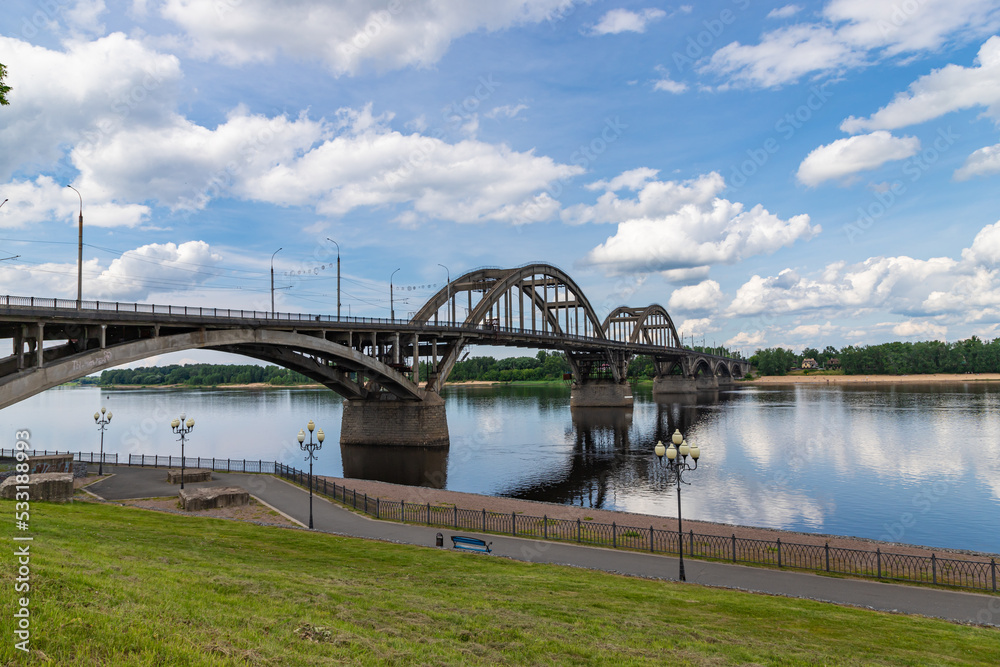 View of the Rybinsk road bridge over the Volga River. Rybinsk, Russia.