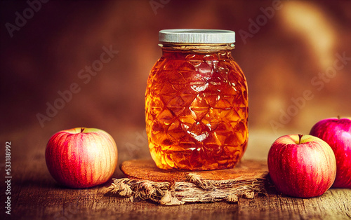 bee honey in a glass jar and apples, rosh hashanah, rustic style