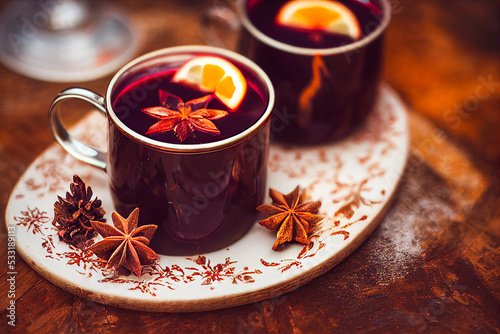 hot mulled wine with spices, cloves, lemon, on a wooden table, rustic style, healthy food, farm