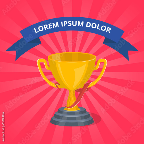 Golden champion cup on red background. Championship award, trophy cup vector illustration. Sport competition ceremony event banner, first place prize symbol, victory celebration poster in flat style