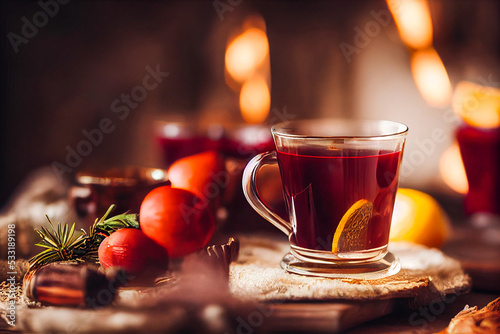 hot mulled wine with spices, cloves, lemon, on a wooden table, rustic style, healthy food, farm photo