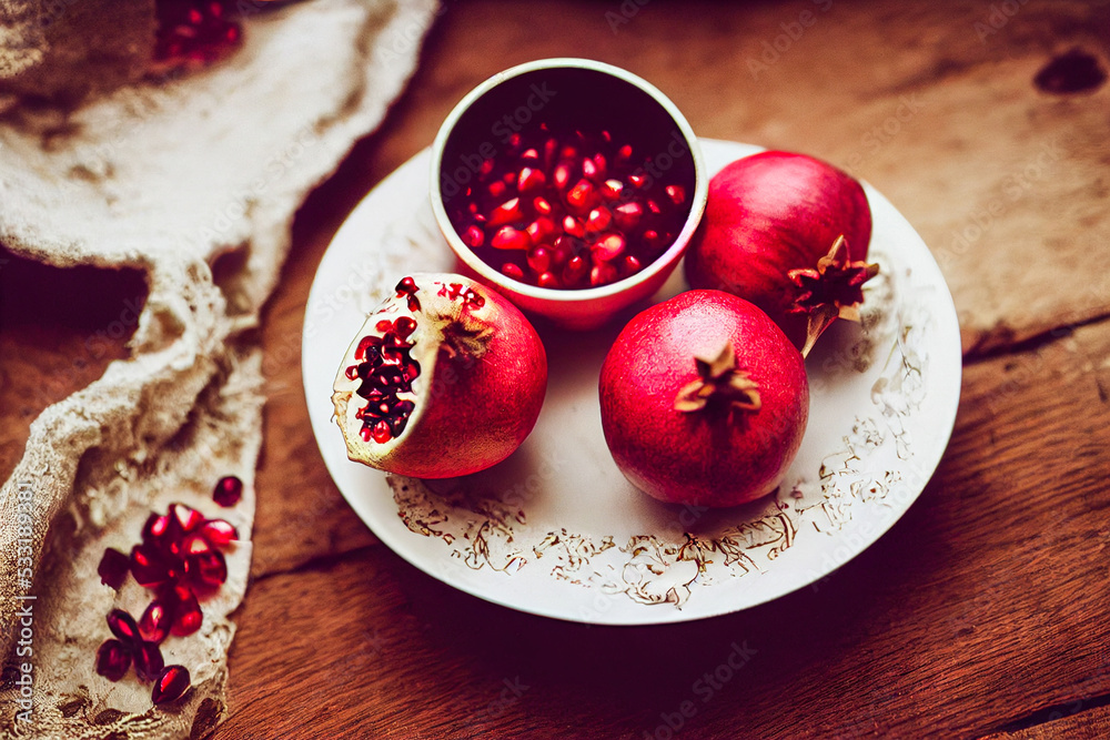 pomegranate, pomegranate seeds, rosh hashanah, blurred background on wooden table, rustic style, healthy food, farm pomegranate, pomegranate seeds, rosh hashanah, blurred background on wooden table, rustic style, healthy food, farm