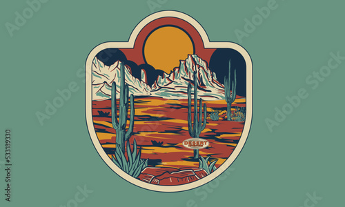 Mountain desert trip retro vector t-shirt design. Outdoor vintage artwork. Arizona desert vibes print. Desert vector graphic print design for apparel, stickers, posters, background and others. 