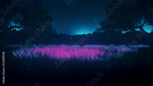 Blue Purple Glowing Grass Meadow by Night - Loop Abstract Landscape Motion Background