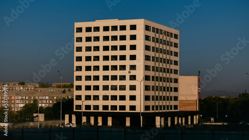 Urban landscape. Modern and Soviet architecture. Golden hour. Kazakhstan  2022.