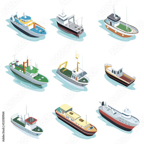 Commercial sea ships isometric elements. Container ship, fishing trawler, barge boat, port towboat, lng tanker, tugboat, crane vessel vector illustration. Worldwide commercial marine transportation.