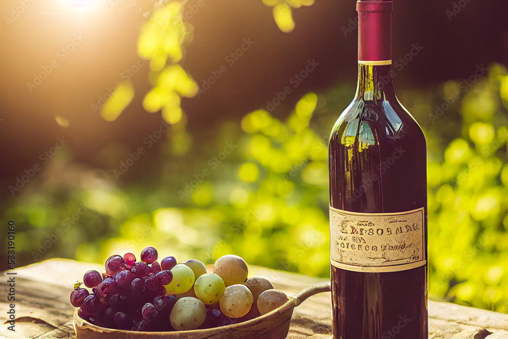 bottle of wine, white wine, red wine, rosh hashanah, on a wooden table, rustic style, farm