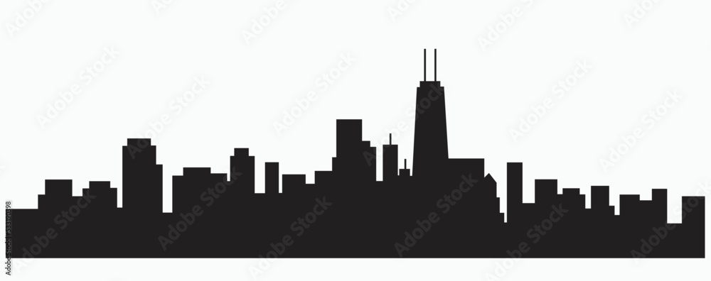 Modern City Skyline silhouette outline drawing on white background.