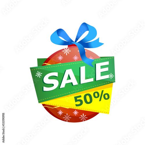 Christmas ball sticker with -50% off sale proposition isolated on white background. Retail marketing, new advertising campaign, holiday shopping vector illustration.