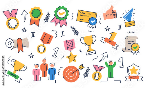 Doodle prize award champ winner success trophy line sketch design element abstract set
