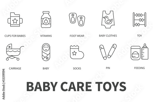 Baby care toys, kid feeding icons set. Set of editable stroke icons.Vector set of Baby care toys, kid feeding