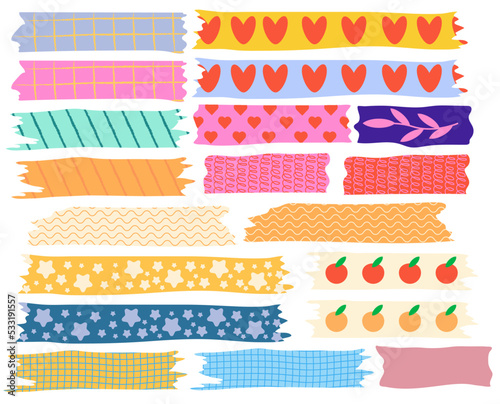 Washi tape with cute patterns, adhesive scotch stripes for scrapbooking. Dots, stars and hearts, colorful mask strips for scrapbook decor vector set