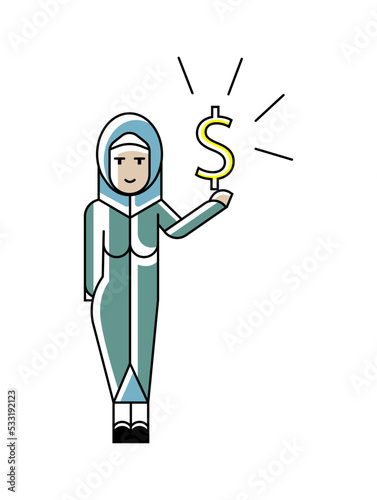 Arabic woman in national clothes with dollar sign in hand. Corporate business people isolated vector illustration in linear style.