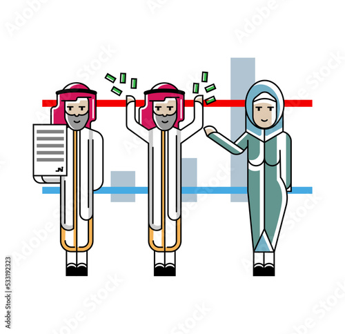 Arabic business team presenting your project near whiteboard with financial diagram. Corporate business people isolated vector illustration in linear style.