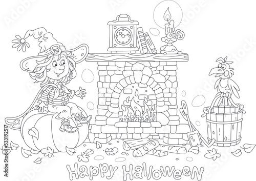 Happy little Halloween witch in a big hat sitting on a large pumpkin near a burning old fireplace and talking to a funny black crow on a mysterious holiday night, vector cartoon