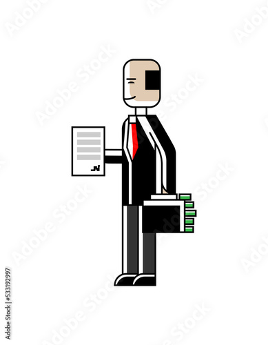 Asian investor with contract and suitcase full of money in hands. Corporate business people isolated vector illustration in linear style.