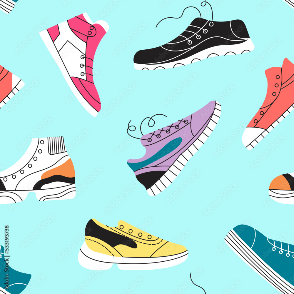 Sneakers seamless pattern. Fashion sport shoes texture, athlete store or training fabric print template. Different trendy gumshoes decent vector background