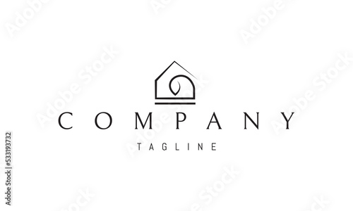 Vector logo on which an abstract image of a house inside which is a sprout.