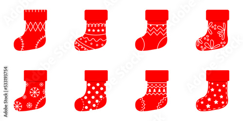 Conjunto de bota navideña. Concepto de navidad y año nuevo. Medias rojas de navidad. Ilustración vectorial	