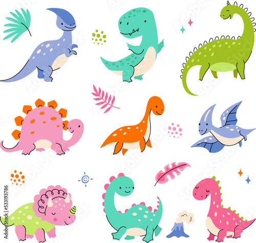 Cartoon cute dino characters. Little dinosaurs  color isolated dinosaur baby friend. Fashion babies wild animal  funny prehistoric nowaday vector animals