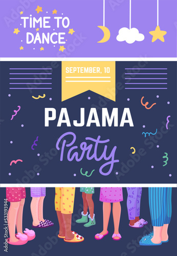 Pajama party banner. Night dance at home holiday festive. Joy weekend with friends invitation card. Legs wear fluffy cozy slippers neoteric vector background