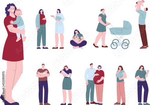 Happy pregnant characters, woman hold newborn baby. Little children with mother and father, young family. Pregnancy, motherhood kicky vector set