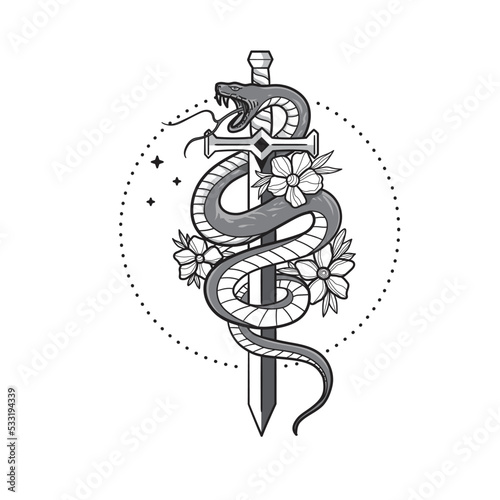 hand drawn snake, sword and flower vector