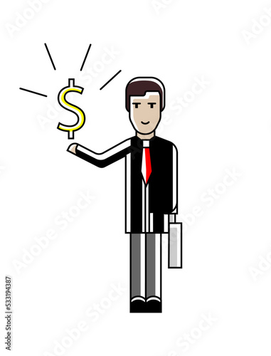 European businessman with dollar sign in hand. Corporate business people isolated vector illustration in linear style.
