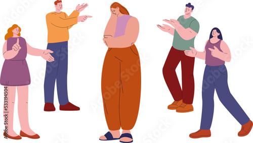 People scold upset girl. Bullying and crowd pressure, abuse. Woman crying, guys pointing at her. Flat teenagers or students vector characters