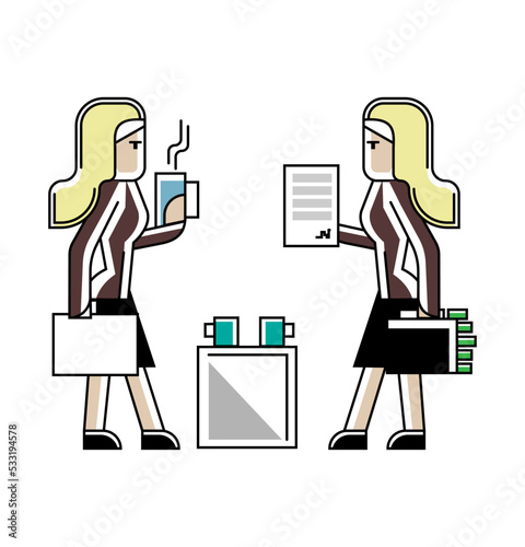 Business meeting blonde businesswomen or contract conclusion. Corporate business people isolated vector illustration in linear style.