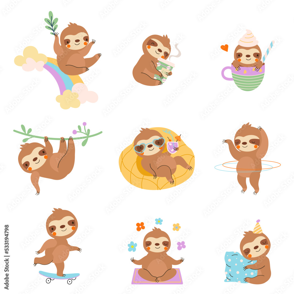 Cute cartoon baby sloths. Wild sloth with coffee, swim, drink cocktail or sleep. Fun animal relax, ride on rainbow. Wild lazy nowaday childish vector characters Cute cartoon baby sloths. Wild sloth with coffee, swim, drink cocktail or sleep. Fun animal relax, ride on rainbow. Wild lazy nowaday childish vector characters