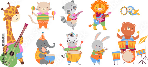 Animal musician party. Wild animals play musical instruments. Cute celebration or festival, cartoon kids characters. Nowaday funny vector musicians