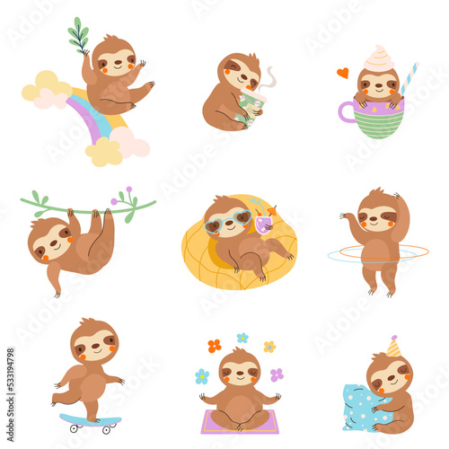 Cute cartoon baby sloths. Wild sloth with coffee, swim, drink cocktail or sleep. Fun animal relax, ride on rainbow. Wild lazy nowaday childish vector characters