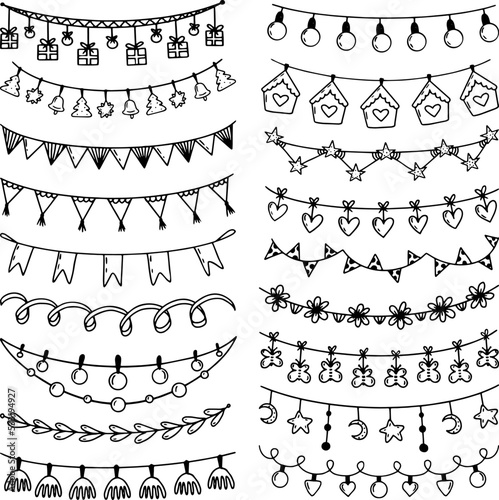 Sketch garlands set. Party bulbs garland, flags and stars with beads. Festive decoration, line pennant on string drawing. Carnival neoteric vector collection