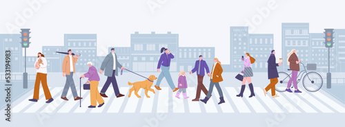 People walking on crosswalk street. Modern populated city and crowd. Business person, kids and pets owner walk on pedestrian, kicky vector urban scene