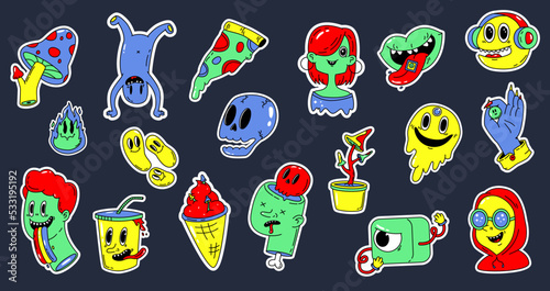 Cartoon psychedelic stickers, weird images. Groovy 70s 80s surreal neon colors elements. Unusual mushroom, trippy faces and crazy snugly vector characters
