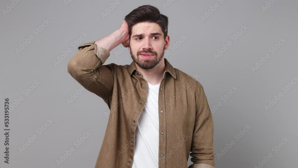 Young excited insighted smart proactive puzzled pensive man 20s he wear ...