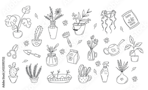 House plant pot decor doodle outline sketch design element abstract line art set