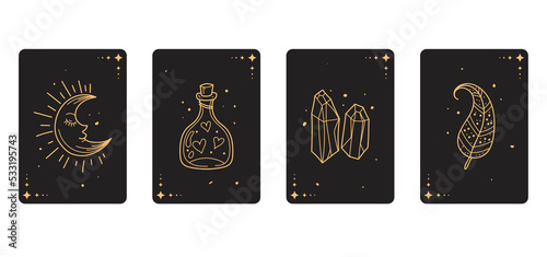 Tarot magic esoteric astrology boho occult cards decor doodle outline sketch design element abstract line art set