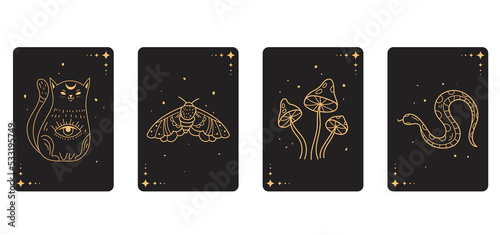 Tarot magic esoteric astrology boho occult cards decor doodle outline sketch design element abstract line art set