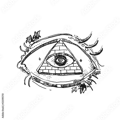 Ink illustration with eye conspiracy theory pyramid. 